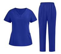 Womens Scrubs Set V Neck Short Sleeve Top With Multi Pockets Elasticated Waist Straight Leg Trousers Cargo Pocket Stretchy Medical Uniform For Nurses Doctors Hospital Work Blue M