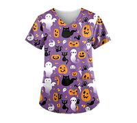 Womens Scrubs Uniforms Short Sleeve V Neck Halloween Medical Scrubs Halloween Dressy Nursing Tops Comfy Medical Slim Fit Workwear Hospital Healthcare Work Shirt UK