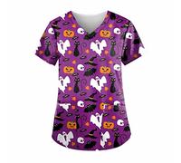 Womens Scrubs Uniforms Short Sleeve V Neck Halloween Medical Scrubs Halloween Dressy Nursing Tops Comfy Medical Slim Fit Workwear Hospital Healthcare Work Shirt UK
