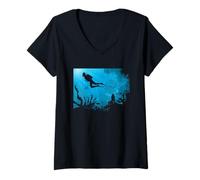 Women's Scuba Diver Ocean Scene Underwater Reef Silhouette V-Neck T-Shirt