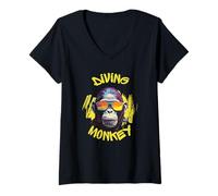 Women's Scuba Diving Monkey Diver Down Fun Jungle Ape Art Graphic V-Neck T-Shirt