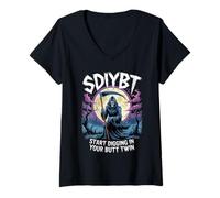 Womens SDIYBT Start Digging in Your Butt Twin Funny Meme Skeleton V-Neck T-Shirt