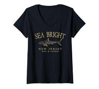 Womens Sea Bright New Jersey Shark Fishing Arched Tan Letters V-Neck T-Shirt
