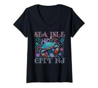 Womens SEA ISLE CITY NEW JERSEY BLUE CRAB SUMMER BEACH VACATION V-Neck T-Shirt