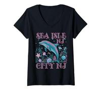 Womens SEA ISLE CITY NJ DOLPHIN COLORFUL BEACH SOUVENIR V-Neck T-Shirt