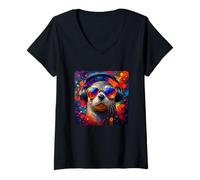 Womens Sea Lion Colorful Music Headphones Cool Dj Sunglasses V-Neck T-Shirt