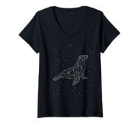 Women's Sea Lion Constellation Seal Animal Line Art Geometric V-Neck T-Shirt