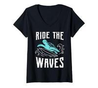 Women's Sea Turtle Surfing Ride The Waves Ocean Surfer Coastal Beach V-Neck T-Shirt