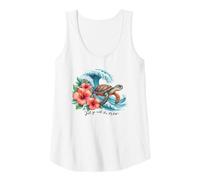 Womens Sea Turtle Surfing Wave with Hibiscus Flowers Tropical Beach Tank Top
