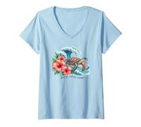 Womens Sea Turtle Surfing Wave with Hibiscus Flowers Tropical Beach V-Neck T-Shirt