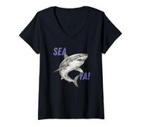 Women's Sea Ya! Funny Shark Pun Vintage Realistic Ocean Illustration V-Neck T-Shirt