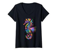 Womens Seahorse Rainbow Colors Pop Art Aquarist Ocean Seahorses V-Neck T-Shirt