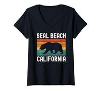 Womens Seal Beach California Retro Vintage Bear Beach Coast SoCal V-Neck T-Shirt