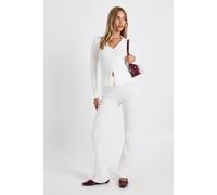 Womens Seam Detail Button Through Knitted Top And Flare Trouser Set - White - Xl, White