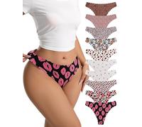 Women's Seamless Thong Underwear Set, 10-Pack, Low Rise, Multiple Patterns with Lips Print and Leopard Print (UK, Alpha, M, XL, Regular, Regular, 10, Mixed colors)