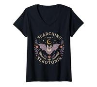 Women's Searching for Serotonin Bat Gothic Moon Spooky Humor V-Neck T-Shirt