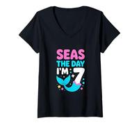 Women's Seas The Day Im 7 Mermaid Seventh Birthday V-Neck T-Shirt