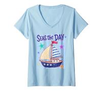 Women's SEAS the Day Sailboat Ocean Explorer Design V-Neck T-Shirt