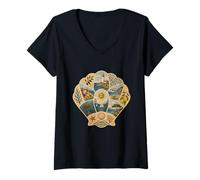 Women's Seashell Summer Collage Mediterranean Art Coastal Graphic V-Neck T-Shirt