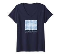 Womens Seashore Summer Cute Blue Vintage Stamps V-Neck T-Shirt