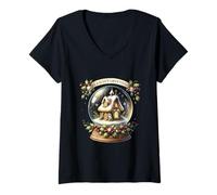 Womens Season’s Greetings Cozy Winter Cottage Snow Globe V-Neck T-Shirt