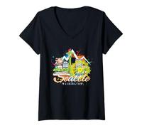 Womens Seattle Washington Space Needle Harbor Skyline Souvenir V-Neck T-Shirt