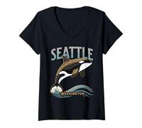 Womens Seattle Washington Whale Ocean Coast Art V-Neck T-Shirt