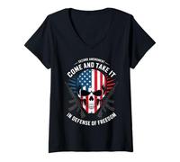 Womens Second Amendment Skull Come and Take It USA Freedom Retro V-Neck T-Shirt