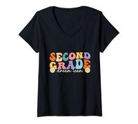 Womens Second Grade Dream Team Retro Groovy Teacher Boys Girls V-Neck T-Shirt