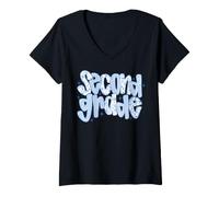 Women's Second Grade Student School Design Cute Gingham Sparkle V-Neck T-Shirt