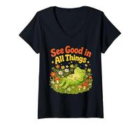 Women's See Good in All Things Cute Floral Frog Positivity Quote V-Neck T-Shirt
