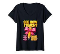 Womens See How I Teach Pencil Bow Teacher Appreciation Mindful V-Neck T-Shirt