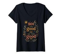 Women's See The Good Be The Good Inspirational Boho Celestial V-Neck T-Shirt