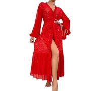 Women's See Through Lace Maxi Nightgown Sheer Long Sleeve Belted Ruffle Trim Robes Shiny Sequins V Neck Wedding Bride Nightgown Cover Up Cardigan Red S
