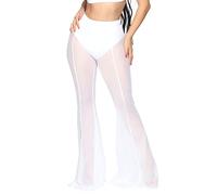 Women's See Through Mesh Pants, High Waist Wide Leg Trousers, Cover up Sheer Beach Pants Bikini Bottoms Swimsuit, Sexy Ruffle Transparent Flared Trousers for Party Rave Performance Costume White