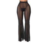 Women's See Through Mesh Pants, High Waist Wide Leg Trousers, Cover up Sheer Beach Pants Bikini Bottoms Swimsuit, Sexy Ruffle Transparent Flared Trousers for Party Rave Performance Costume Black