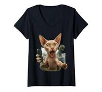Womens Selfie Sphynx Cat Chased By Loch Ness Monster Nessie Funny V-Neck T-Shirt