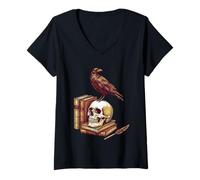 Women's Semper Discens Dark Academia Skull Books Vintage Etching V-Neck T-Shirt