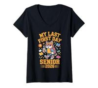 Womens Senior 2026 My Last First Day Cool Cat Back to School Kids V-Neck T-Shirt