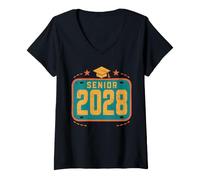 Women's Senior 2028 Graduation Vintage Distressed Academic Cap V-Neck T-Shirt