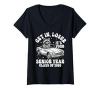 Women's Senior Class 2026 Raccoon Car GET in, Loser V-Neck T-Shirt