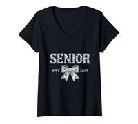 Womens Senior Est 2025 Floral Blue Bow Class Pride V-Neck T-Shirt