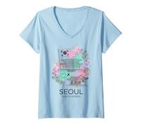 Women's Seoul South Korea Watercolor City Landmark V-Neck T-Shirt