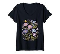 Women's September Birth Flowers Aster Morning Glory Cottagecore V-Neck T-Shirt