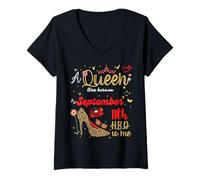 Womens September Birthday A Queen Was born on September 11 V-Neck T-Shirt