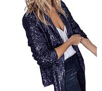 Women's Sequin Blazer, Long Sleeve Plain Party Shiny Jacket for Festivities, Lightweight and Glitter Front Open Suit Jacket, Fashionable Trend Transition Jacket with Large Pockets, navy, 10