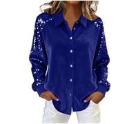 Womens Sequin Blouses Long Sleeve Botton Down Shirts Lapel Neck Sparkly Sequined Velvet Shirt Ladies Elegant Festival Evening Tops for Christmas Evening Party Disco Concert Blue