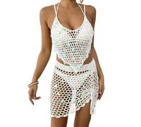 Women's Sequin Crochet Fishnet Cover-Ups Self Tie Halter Neck Backless Two Piece Bathing Suit, Women's Two-piece Cover-up (White)