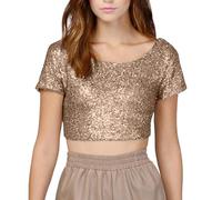 Women's Sequin Crop Top Short Sleeve Sparkling Glitter Scoop Neck Casual Pullover Summer T Shirt Blouse Ladies Tee Tops Club Blouse
