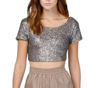 Women's Sequin Crop Top Short Sleeve Sparkling Glitter Scoop Neck Casual Pullover Summer T Shirt Blouse Ladies Tee Tops Club Blouse